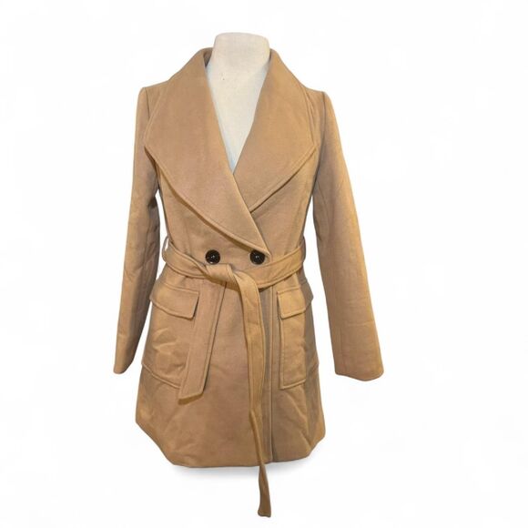 Allegra K Women XS Camel Wool Blend Belted Double Breasted Winter Coat NWT - Picture 1 of 7